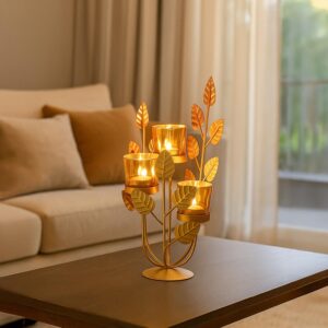 Metal+Glass 3 Votive T- Light Holder Leaf Shape Gold