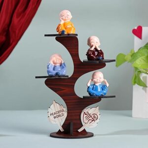 Decorative Set of 4 Adorable Buddha Monk Figurines With Wooden Stand